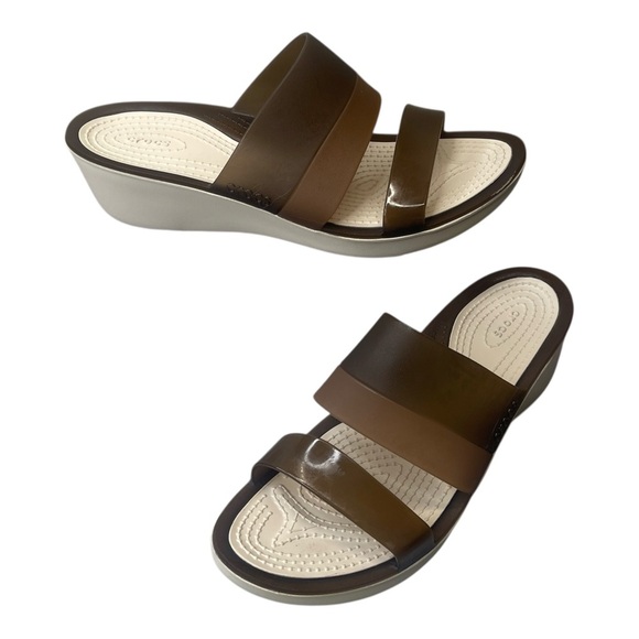 CROCS Colorblock Brown Jelly Thick Strap Wedge Comfort Slip On Sandals Size 9 - Picture 1 of 11
